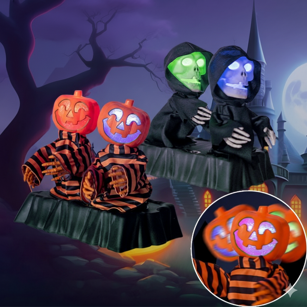 Gemotoriseerd Halloween Skelet met Pompoen Duo LED Verlichting Geluid Beweging Spookdecoratie Tuin Buiten | Sulvida