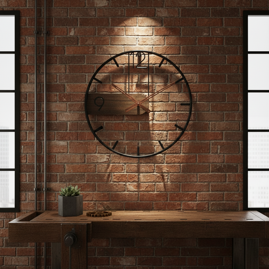 Stille wandklok met natuurlijk notenhout en stalen rand voor rustige interieur decoratie woonkamer kantoor | Sulvida
