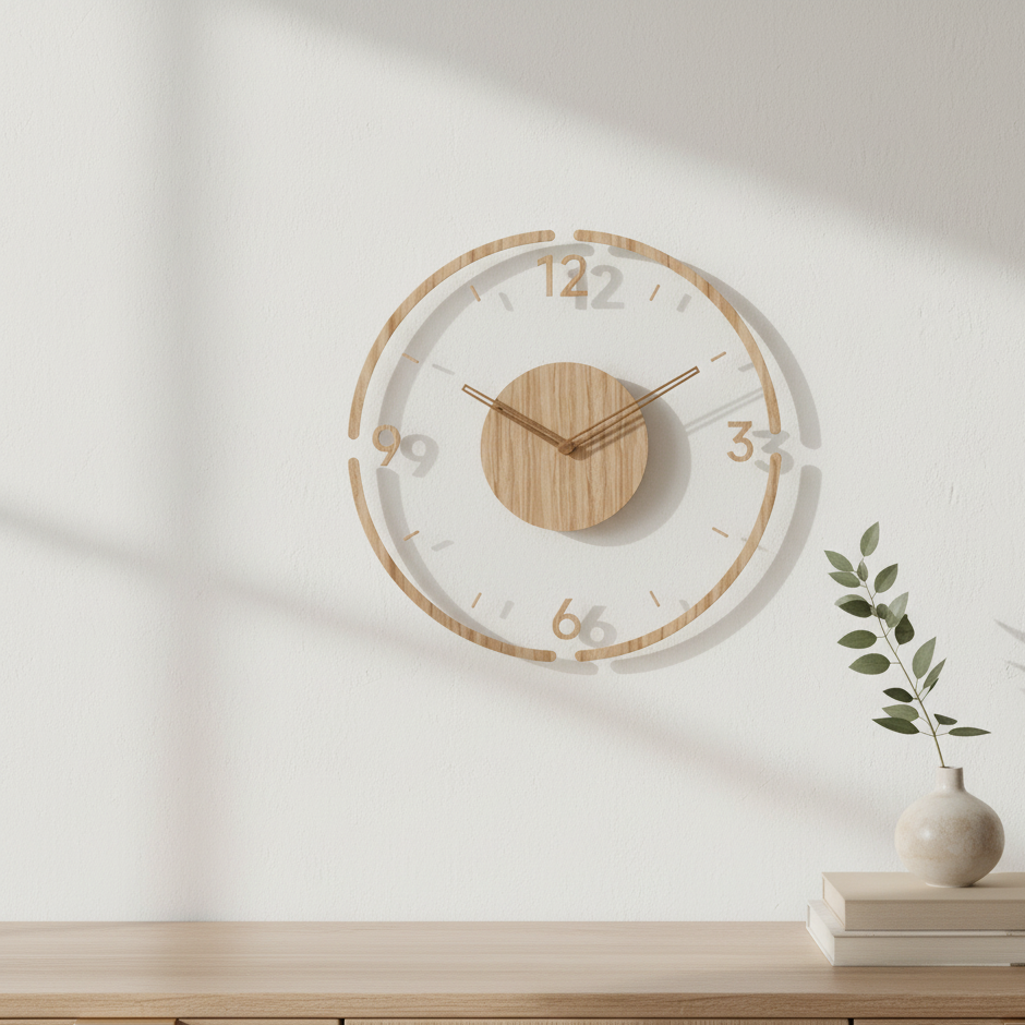 Houten Wandklok 35 cm Scandinavisch Design Stil Uurwerk Naturel Houtfinish Woonkamer Slaapkamer Decoratief | Sulvida