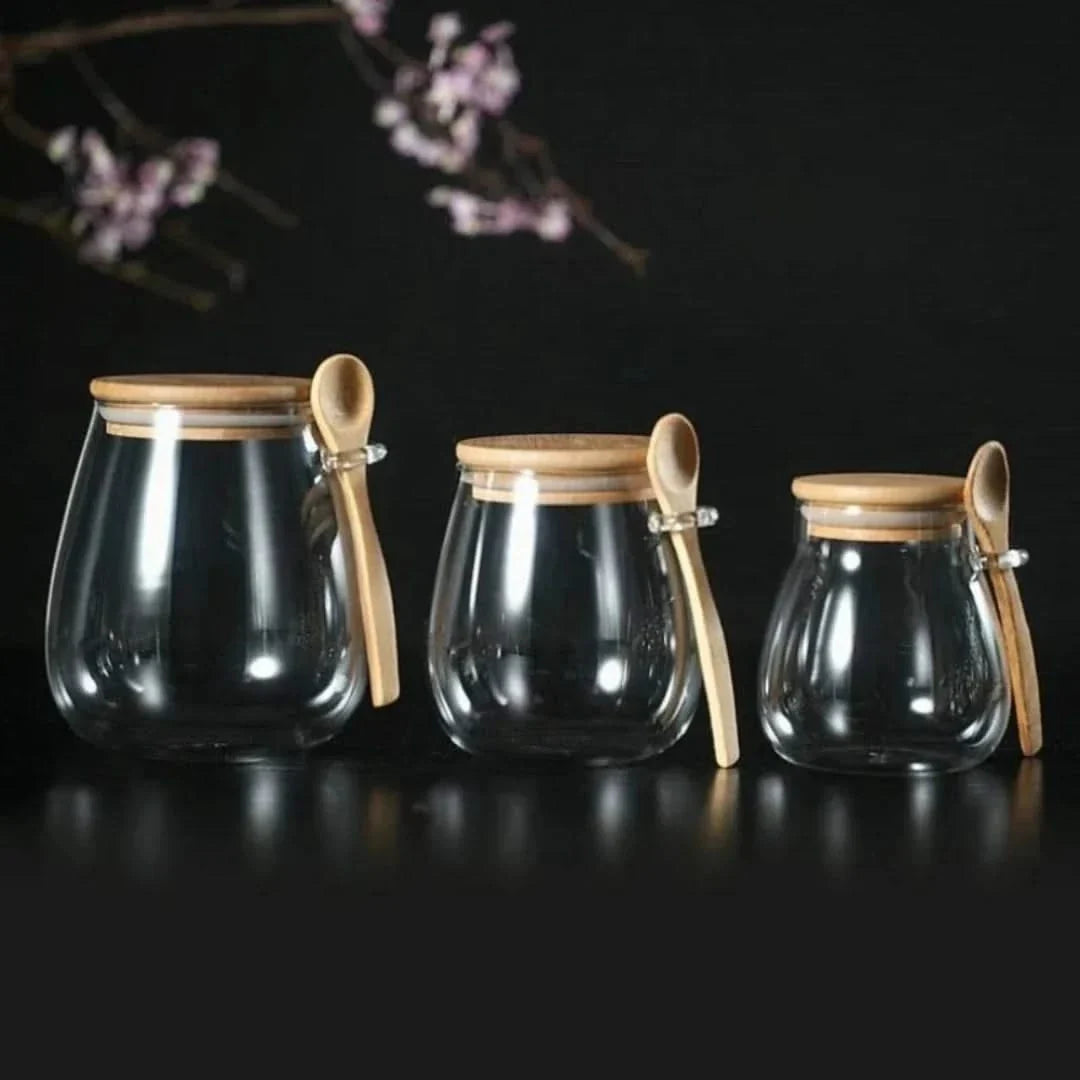 Glazen Voorraadpot met Bamboe Deksel en Lepel 350ml 600ml 1000ml Voorraadbus Keukenopslag Luchtdicht | Sulvida
