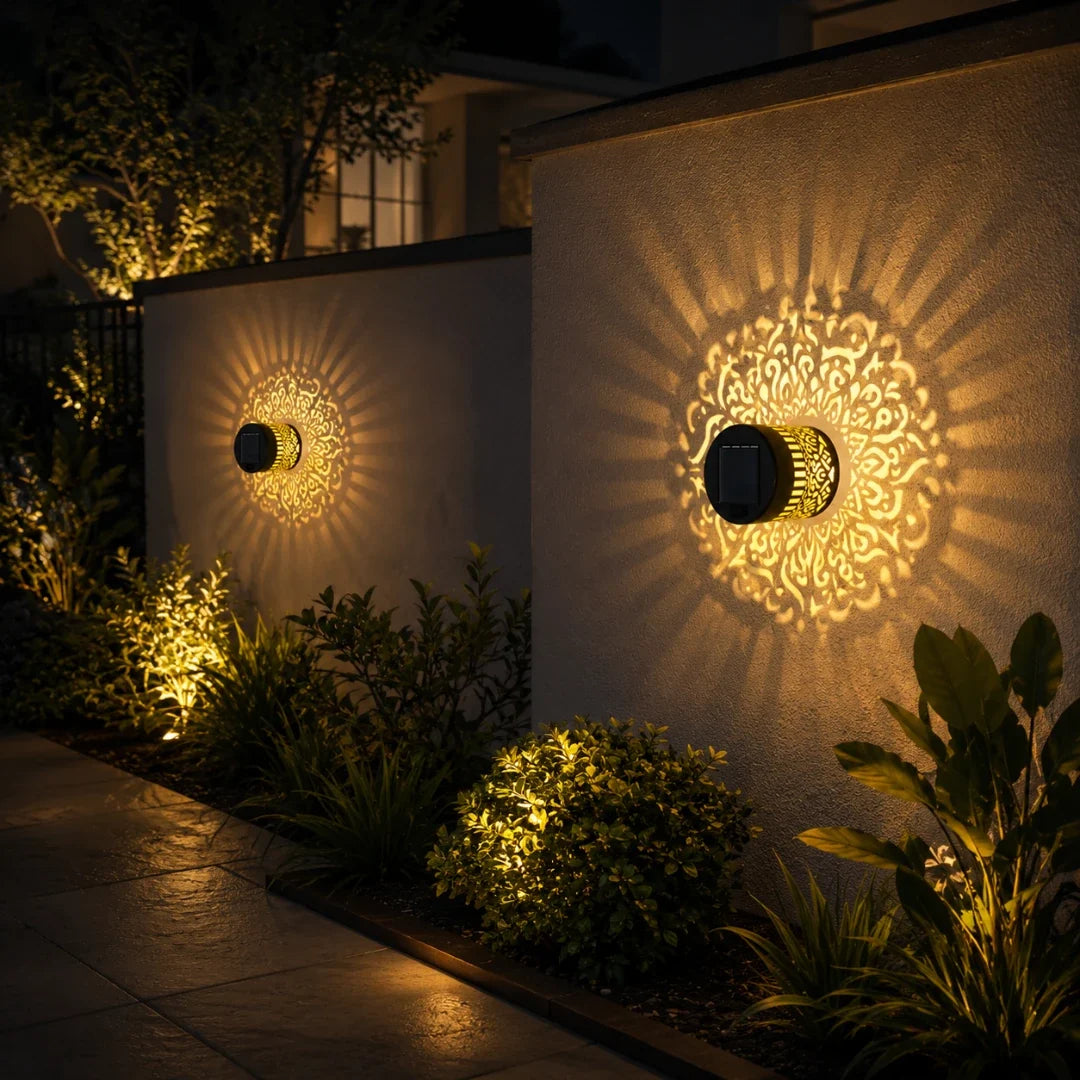 Tuinverlichting Solar Wandlamp Lasercut IJzer Patroonlamp Mandala Zonnebloem Pioen RGB Licht IP65 Waterdicht | Sulvida