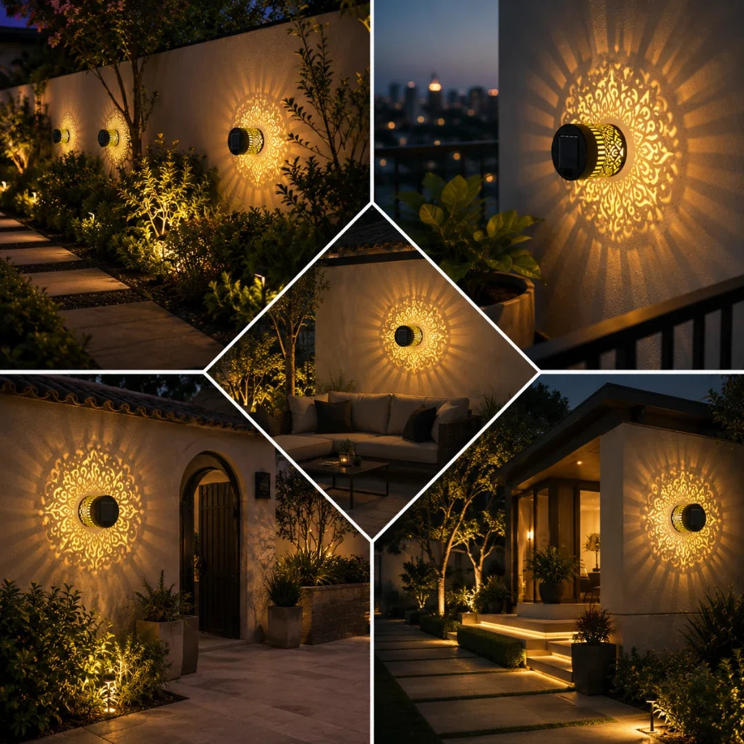 Tuinverlichting Solar Wandlamp Lasercut IJzer Patroonlamp Mandala Zonnebloem Pioen RGB Licht IP65 Waterdicht | Sulvida