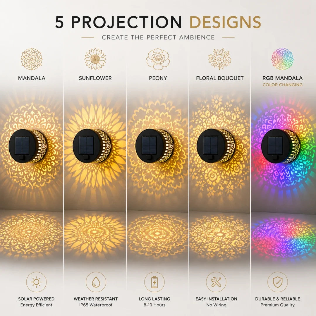 Tuinverlichting Solar Wandlamp Lasercut IJzer Patroonlamp Mandala Zonnebloem Pioen RGB Licht IP65 Waterdicht | Sulvida