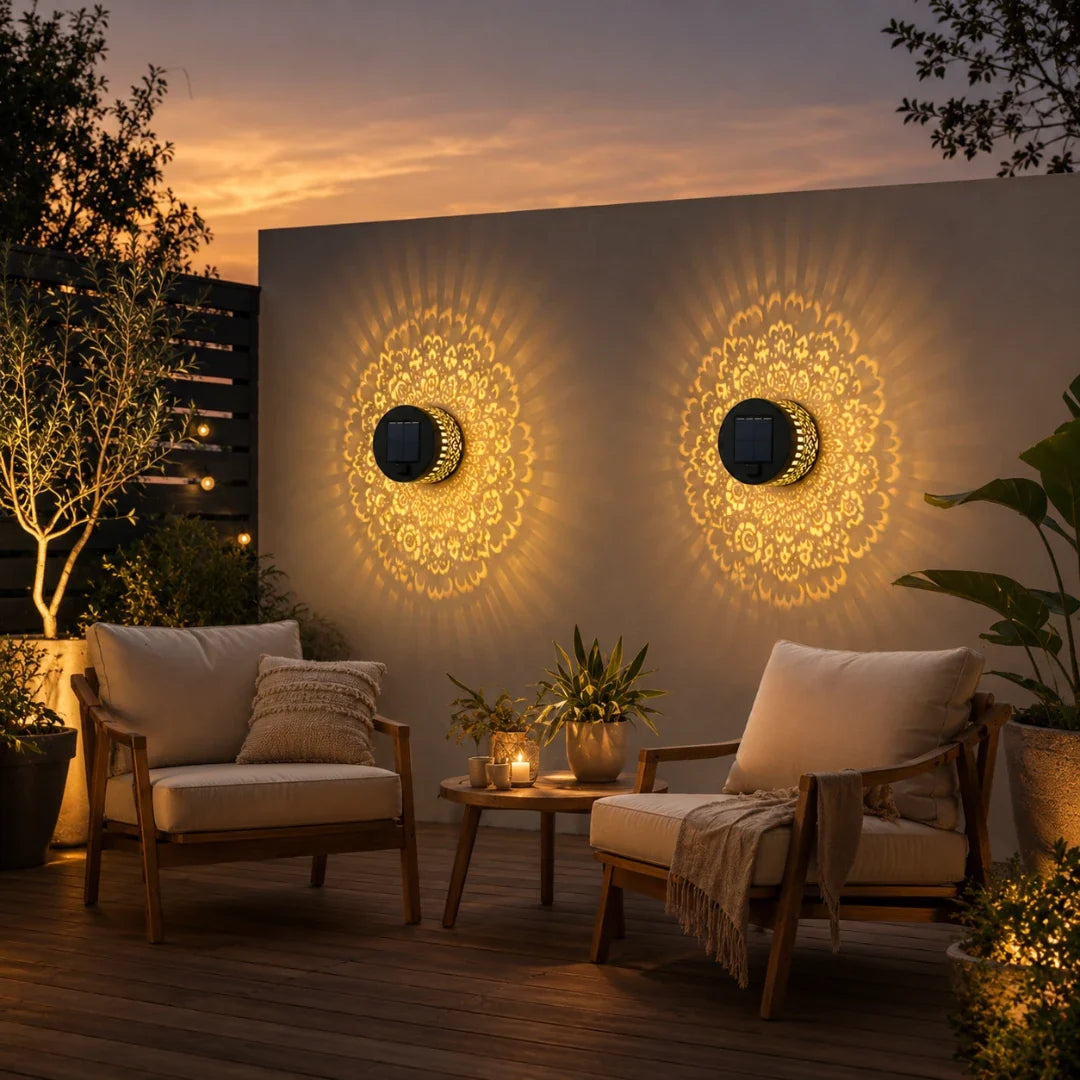 Tuinverlichting Solar Wandlamp Lasercut IJzer Patroonlamp Mandala Zonnebloem Pioen RGB Licht IP65 Waterdicht | Sulvida