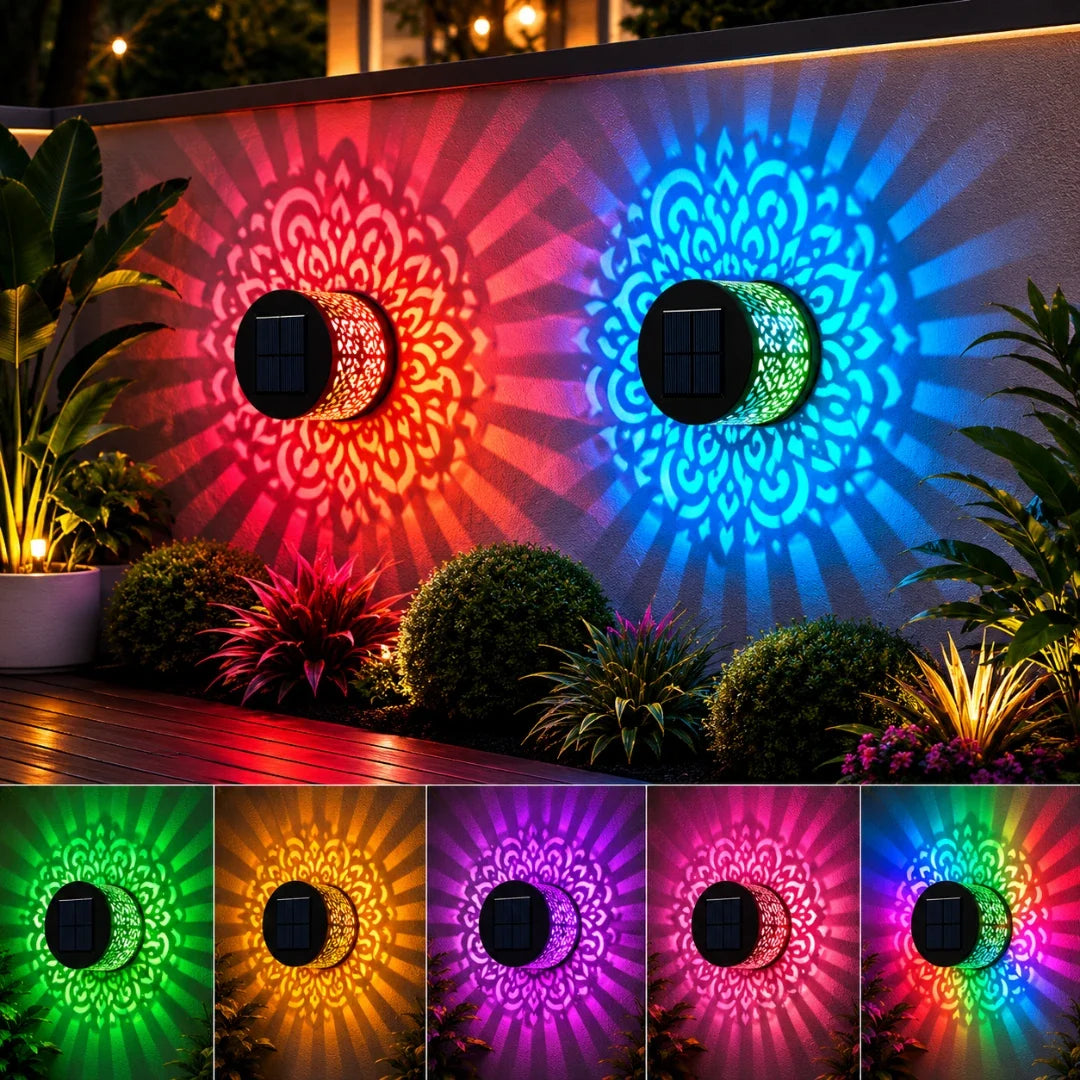 Tuinverlichting Solar Wandlamp Lasercut IJzer Patroonlamp Mandala Zonnebloem Pioen RGB Licht IP65 Waterdicht | Sulvida