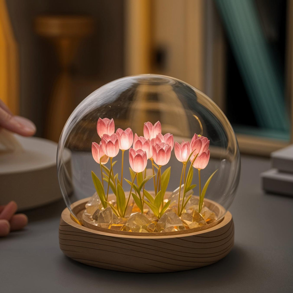 LED tulpenlamp met glazen stolp decoratief tafellampje warmwit licht romantische woondecoratie sfeerverlichting | Sulvida