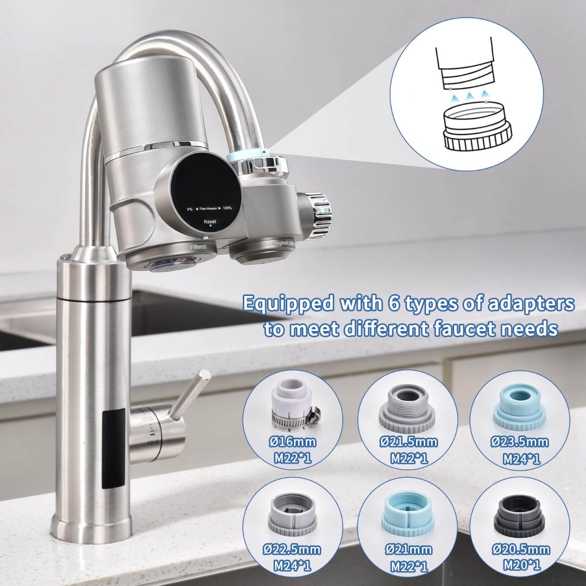 Kraanwaterfilter met LED-Scherm en Dubbele Watermodus voor Keuken – ABS en RVS Waterfilter Kraanfilter | Sulvida