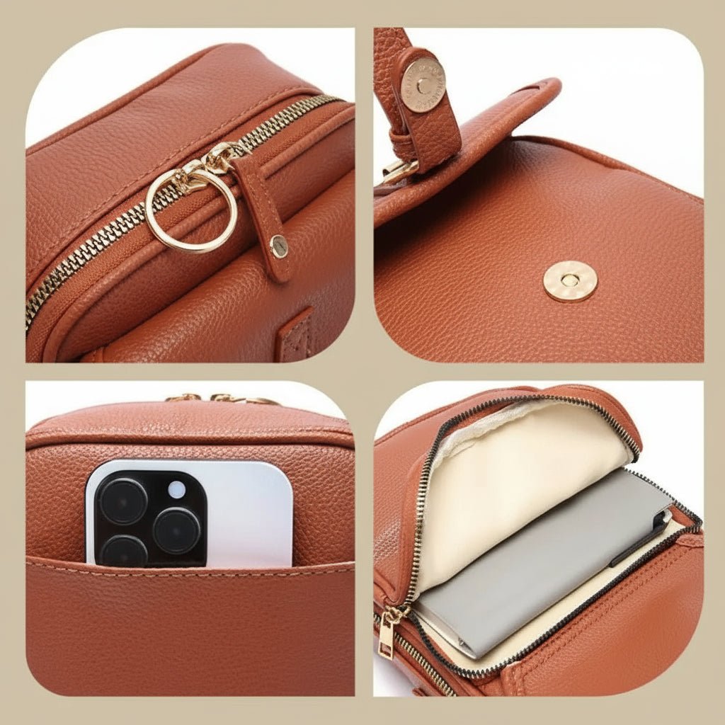 Compacte Crossbody Tas met Antidiefstal-Ritsen | Vierkant Design | Leer | Sulvida