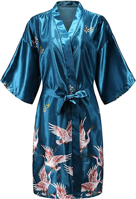 Peignoir kimono en satin à imprimé floral pour femme, manches courtes, vêtement d’intérieur de luxe à l’éclat soyeux | Sulvida