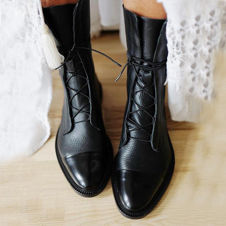 Bottines en cuir pour femme à lacets, marron ou noir, confortables, robustes, décontractées, élégantes, polyvalentes, pour tous les jours | Sulvida