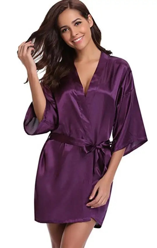 Satijnen Kimono Ochtendjas Dames Marineblauw Knielengte Bruidsmeisje Badjas Luxe Polyester Satijn Nachtkleding | Sulvida