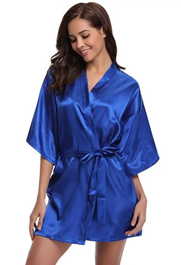 Satijnen Kimono Ochtendjas Dames Marineblauw Knielengte Bruidsmeisje Badjas Luxe Polyester Satijn Nachtkleding | Sulvida