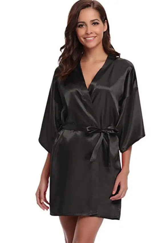 Satijnen Kimono Ochtendjas Dames Marineblauw Knielengte Bruidsmeisje Badjas Luxe Polyester Satijn Nachtkleding | Sulvida