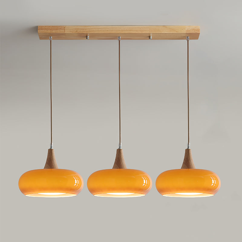 Hanglamp met Houten Kap Amber Glas Scandinavisch Design Eetkamer Keuken Modern Interieur Verlichting | Sulvida