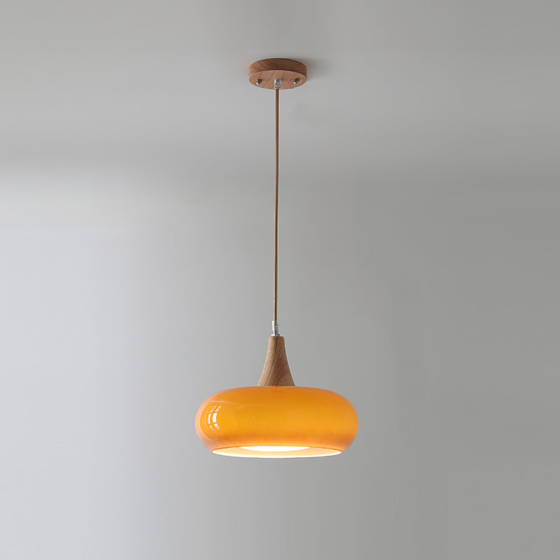 Hanglamp met Houten Kap Amber Glas Scandinavisch Design Eetkamer Keuken Modern Interieur Verlichting | Sulvida