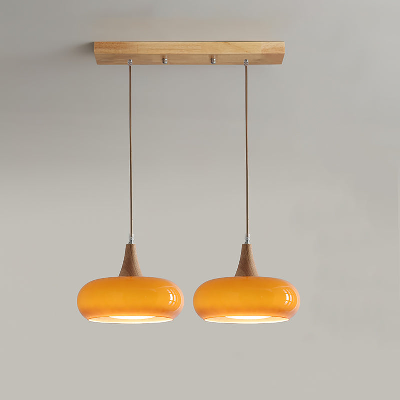 Hanglamp met Houten Kap Amber Glas Scandinavisch Design Eetkamer Keuken Modern Interieur Verlichting | Sulvida