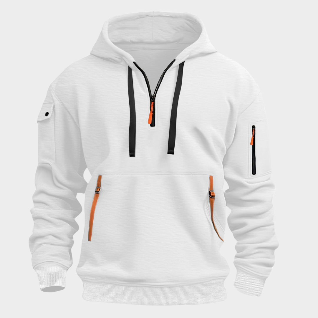 Sweat à capuche half-zip pour homme, col réglable, poches zippées, coupe confortable, qualité durable, style décontracté et sportif | Sulvida