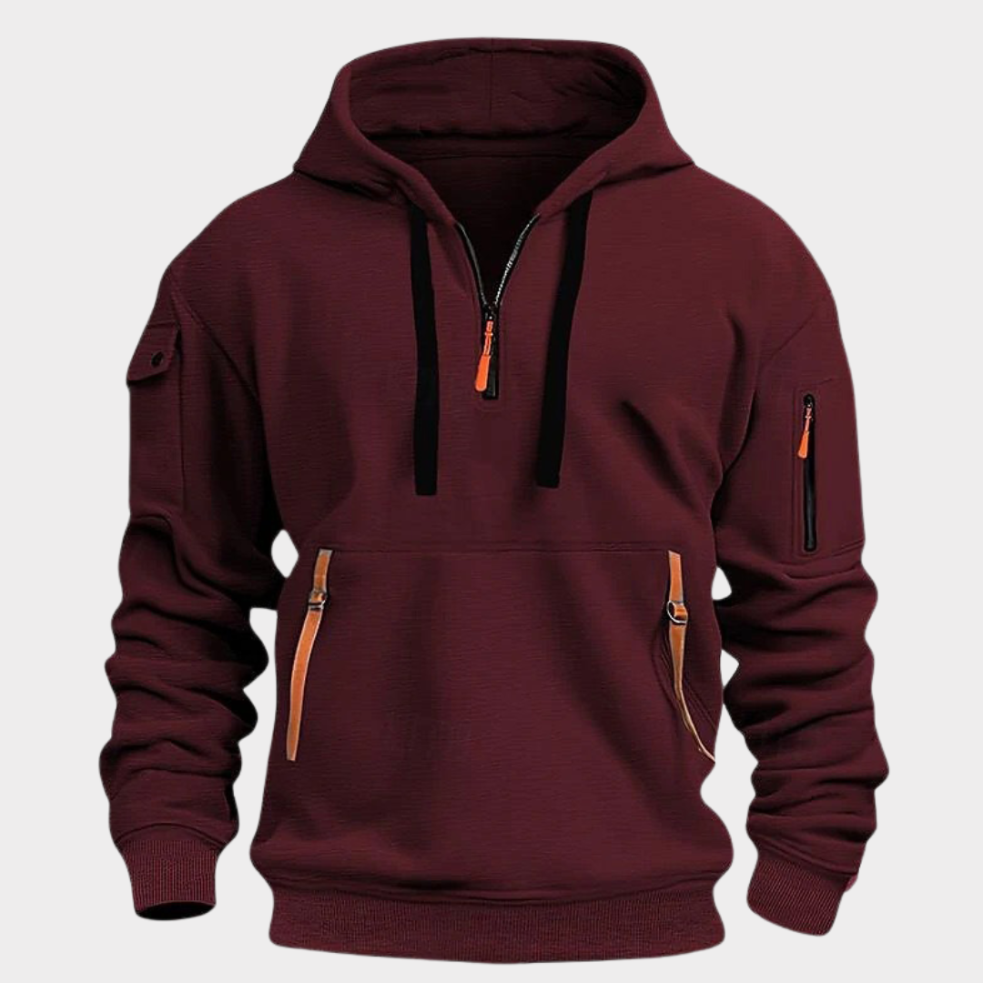 Sweat à capuche half-zip pour homme, col réglable, poches zippées, coupe confortable, qualité durable, style décontracté et sportif | Sulvida