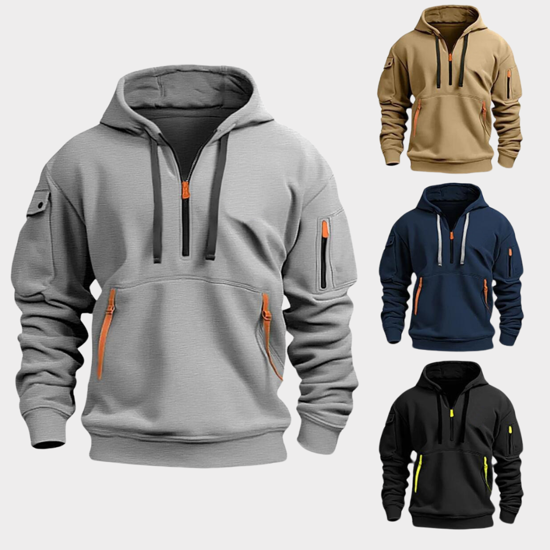 Sweat à capuche half-zip pour homme, col réglable, poches zippées, coupe confortable, qualité durable, style décontracté et sportif | Sulvida