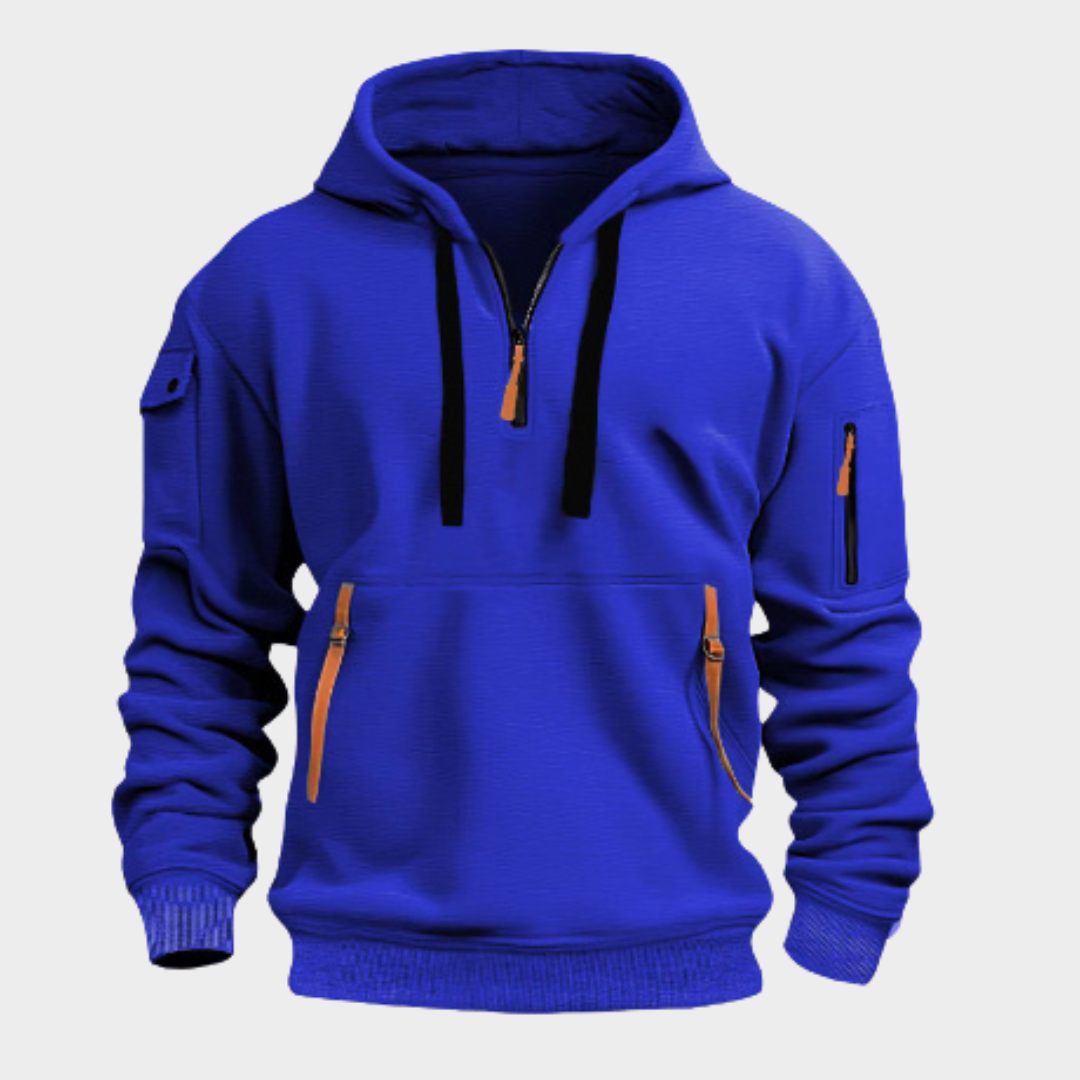 Sweat à capuche half-zip pour homme, col réglable, poches zippées, coupe confortable, qualité durable, style décontracté et sportif | Sulvida