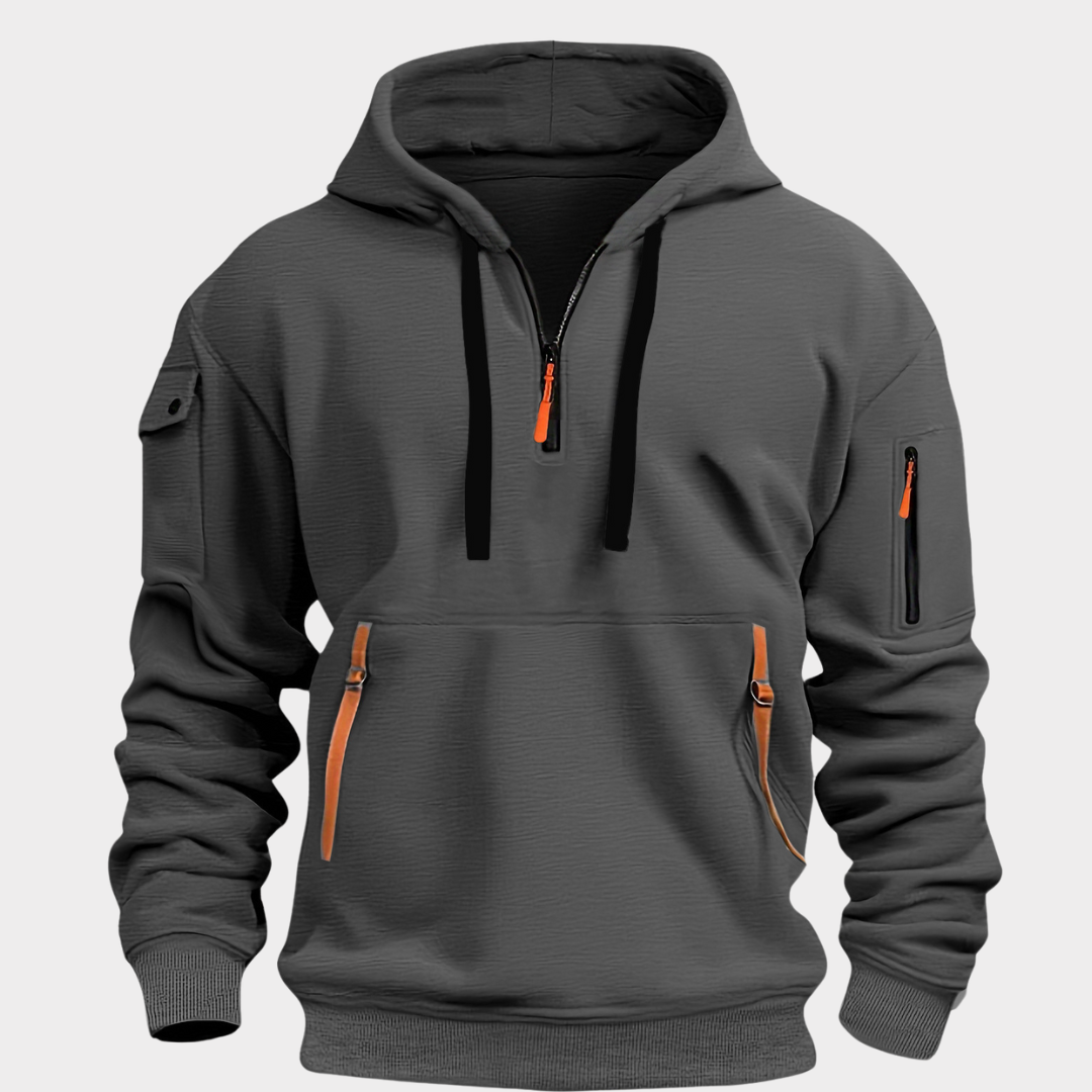 Sweat à capuche half-zip pour homme, col réglable, poches zippées, coupe confortable, qualité durable, style décontracté et sportif | Sulvida