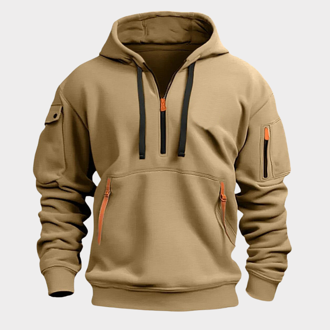 Sweat à capuche half-zip pour homme, col réglable, poches zippées, coupe confortable, qualité durable, style décontracté et sportif | Sulvida