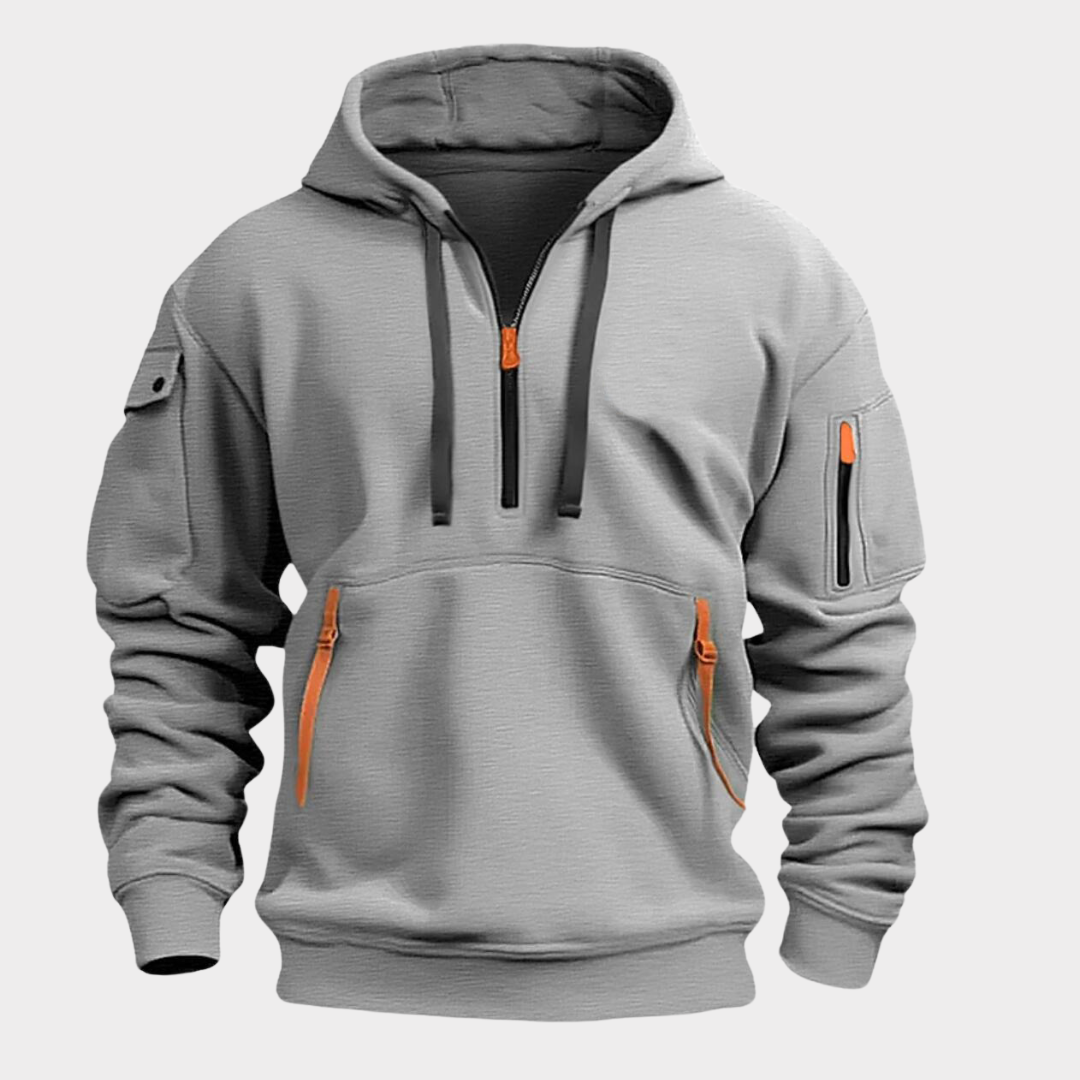 Sweat à capuche half-zip pour homme, col réglable, poches zippées, coupe confortable, qualité durable, style décontracté et sportif | Sulvida