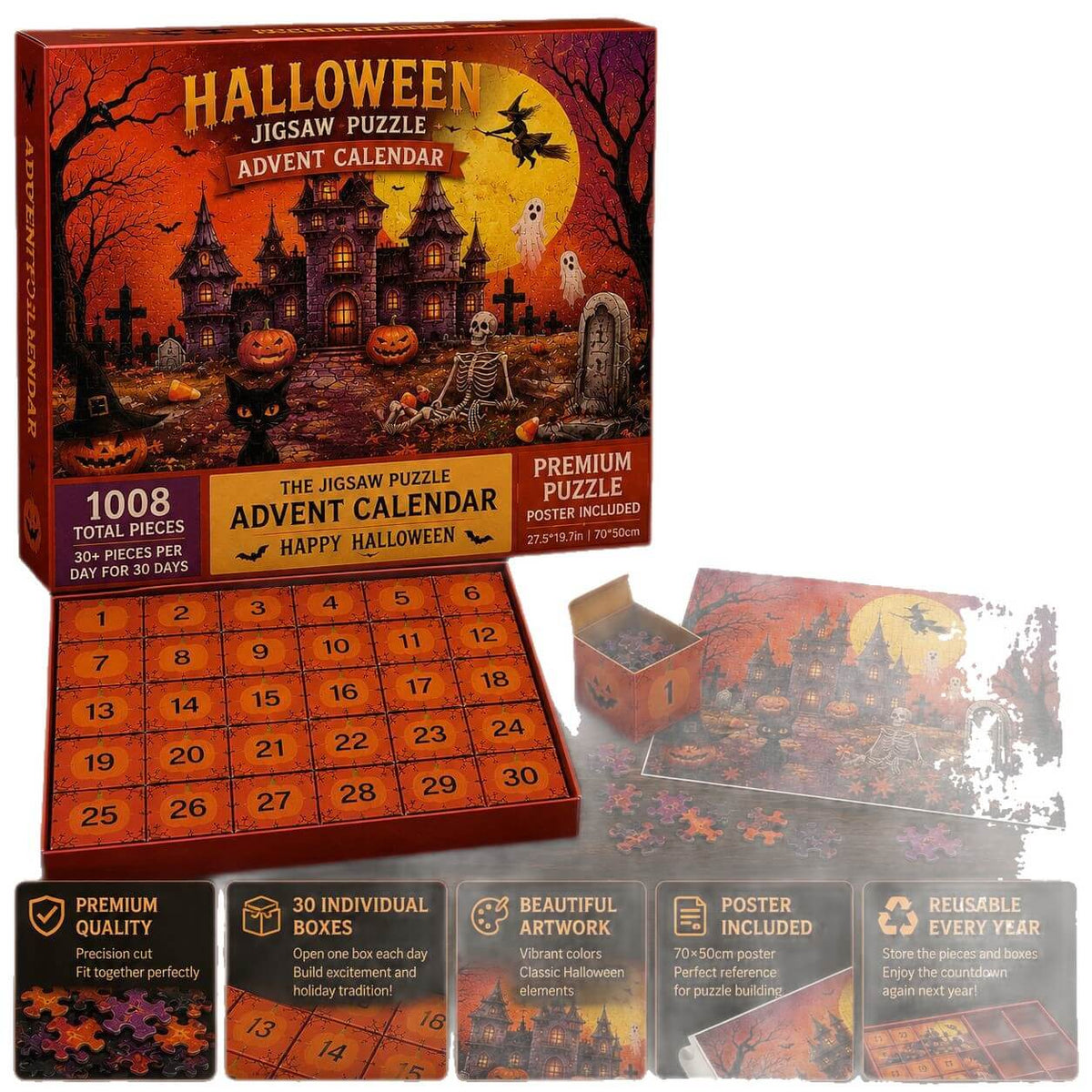Adventskalender mit 1008-teiligen Puzzles, Thema Spukschloss, ab 8 Jahren, Halloween-Puzzle für Kinder | Sulvida