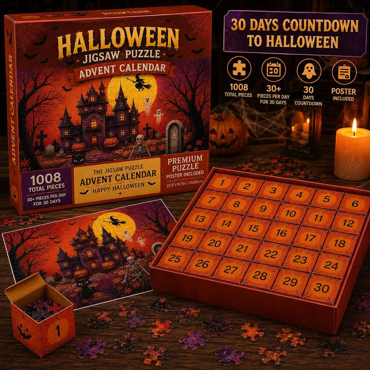 Adventskalender mit 1008-teiligen Puzzles, Thema Spukschloss, ab 8 Jahren, Halloween-Puzzle für Kinder | Sulvida