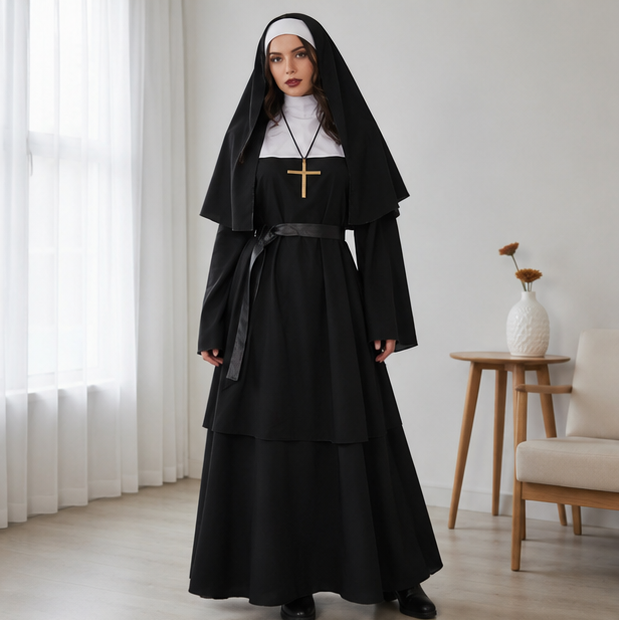 Nonnen Horror Kostuum Volwassenen Zwart Religieuze Cosplay Outfit Halloween Feest Duistere Verkleedkleding | Sulvida