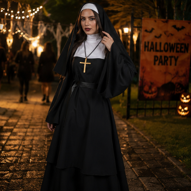Nonnen Horror Kostuum Volwassenen Zwart Religieuze Cosplay Outfit Halloween Feest Duistere Verkleedkleding | Sulvida
