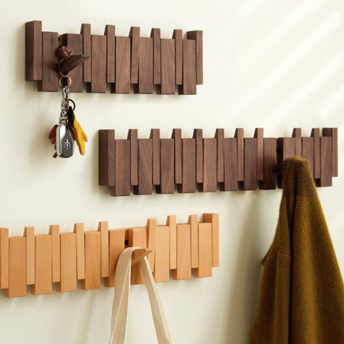 Wandkapstok Hout Piano Design Inklapbare Haken Ophangsysteem Hal Slaapkamer Natuurlijk Hout Afwerking Stijlvol | Sulvida