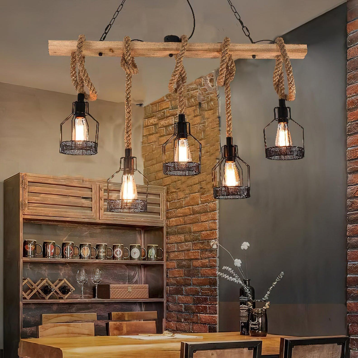 Henneptouw hanglamp industrieel vintage armatuur meerlichts voor horeca, bar, woonkamer en eetkamer sfeer | Sulvida