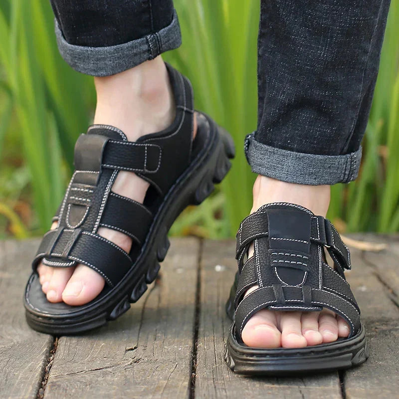Herensandalen leer orthopedisch voetbed bruin zwart zomer wandelen comfort ademend massage-inzool outdoor | Sulvida