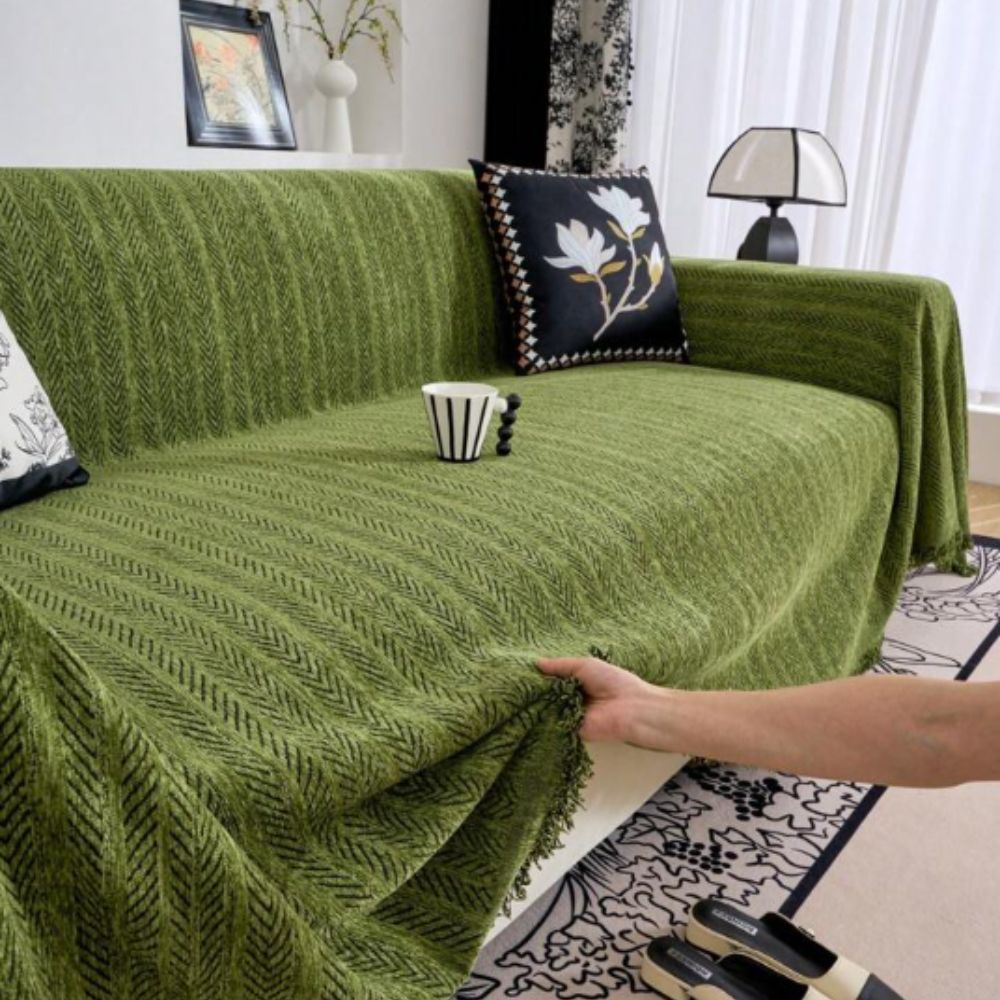 Chenille Bankhoes Visgraat Franjes Antislip Bescherming Stijlvol Huisdierenproof Machinewasbaar Meubelbeschermer | Sulvida