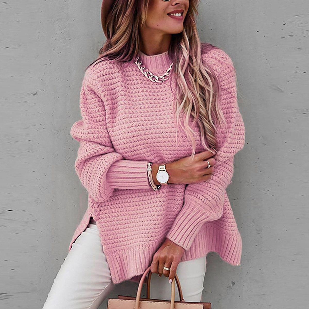 Dames Trui Oversized met Hoge Kraag en Zijsplit Chunky Gebreide Pullover Winterkleding Warm Comfortabel | Sulvida