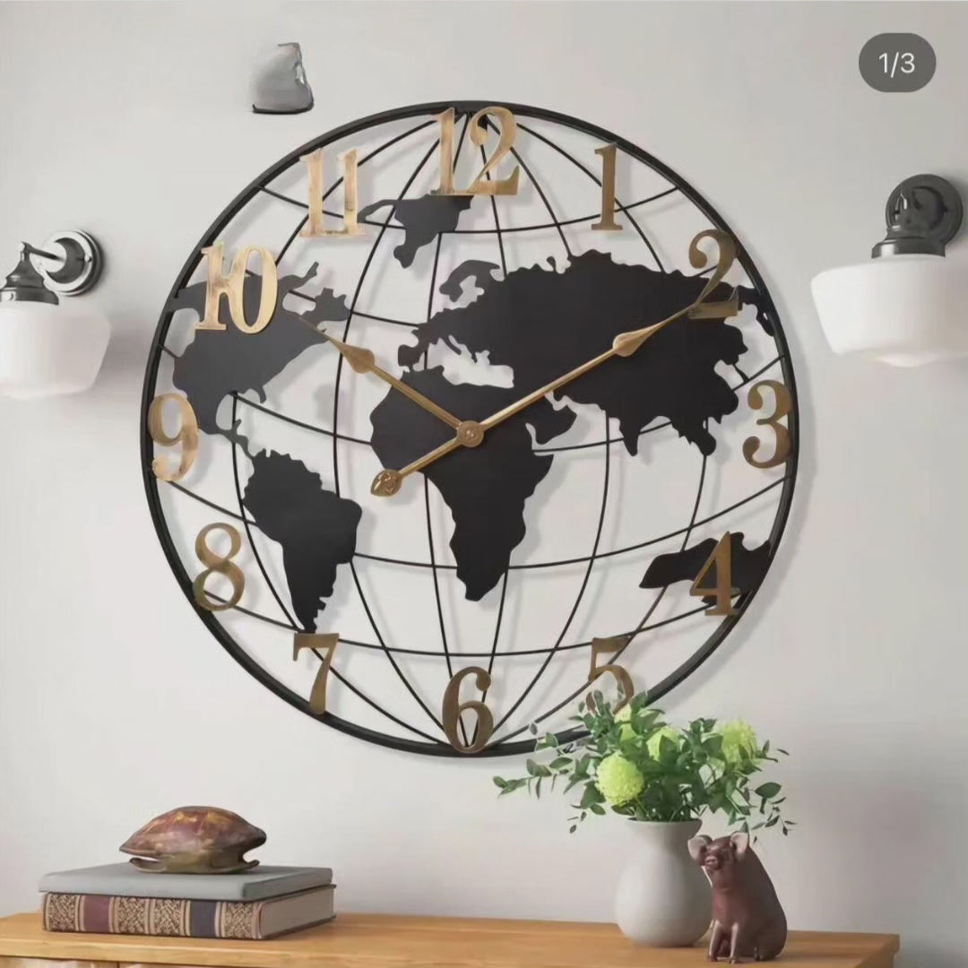 Decoratieve Wereldkaart Wandklok Metaal 60cm Zwart Goud Zilver Modern Design Interieur Woonkamer Kantoor | Sulvida