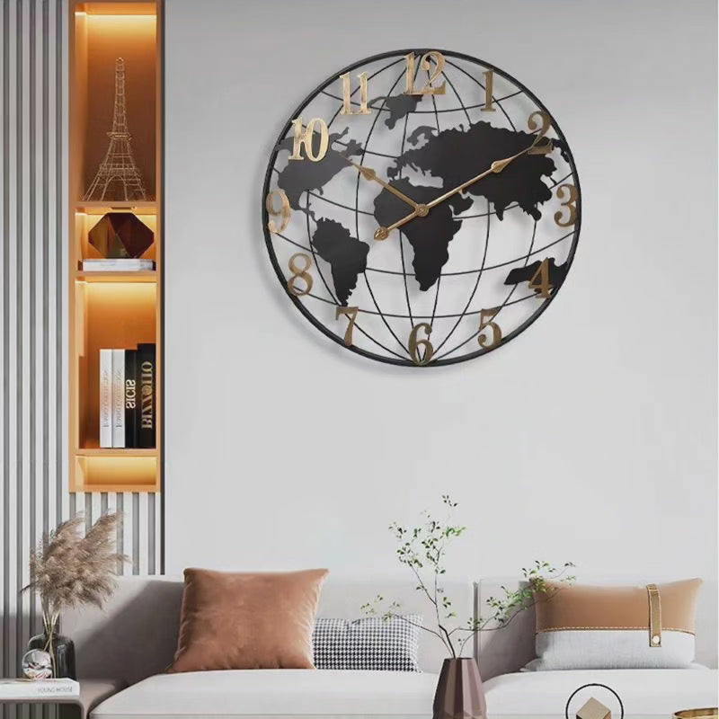 Decoratieve Wereldkaart Wandklok Metaal 60cm Zwart Goud Zilver Modern Design Interieur Woonkamer Kantoor | Sulvida