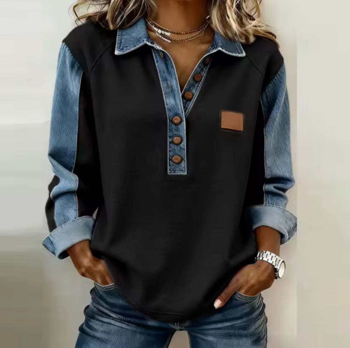 Pull polo pour homme style denim, manches raglan, col contrasté, chemise décontractée à manches longues, gris et noir, style sportif | Sulvida
