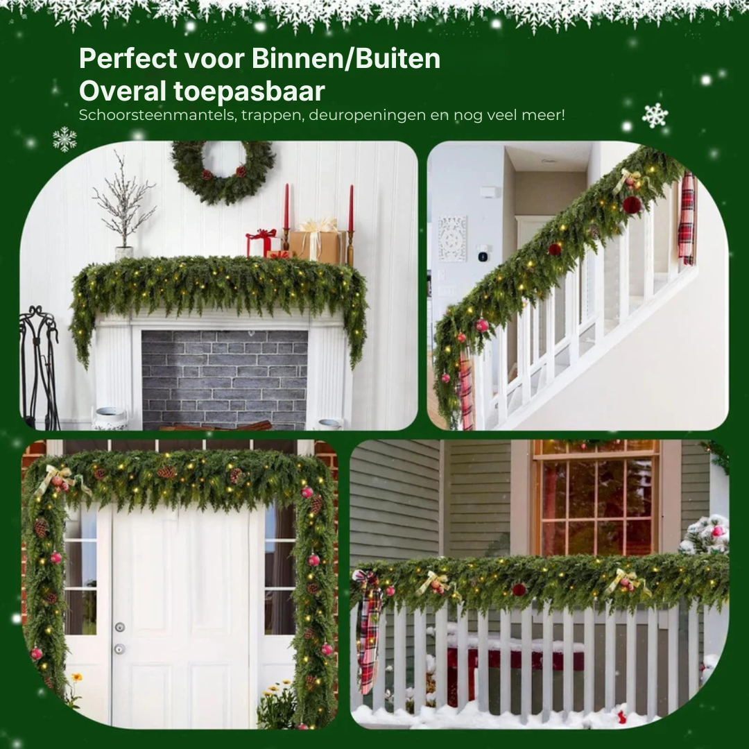 Kunstkerstslinger met LED-verlichting 200 cm Cedergroenlook Warmwit Binnen Buiten Deurslinger Kerstdecoratie | Sulvida