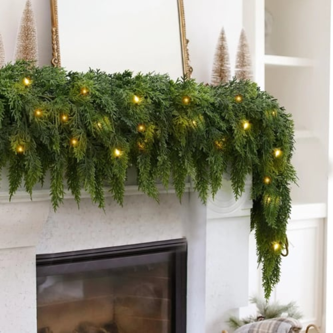 Kunstkerstslinger met LED-verlichting 200 cm Cedergroenlook Warmwit Binnen Buiten Deurslinger Kerstdecoratie | Sulvida