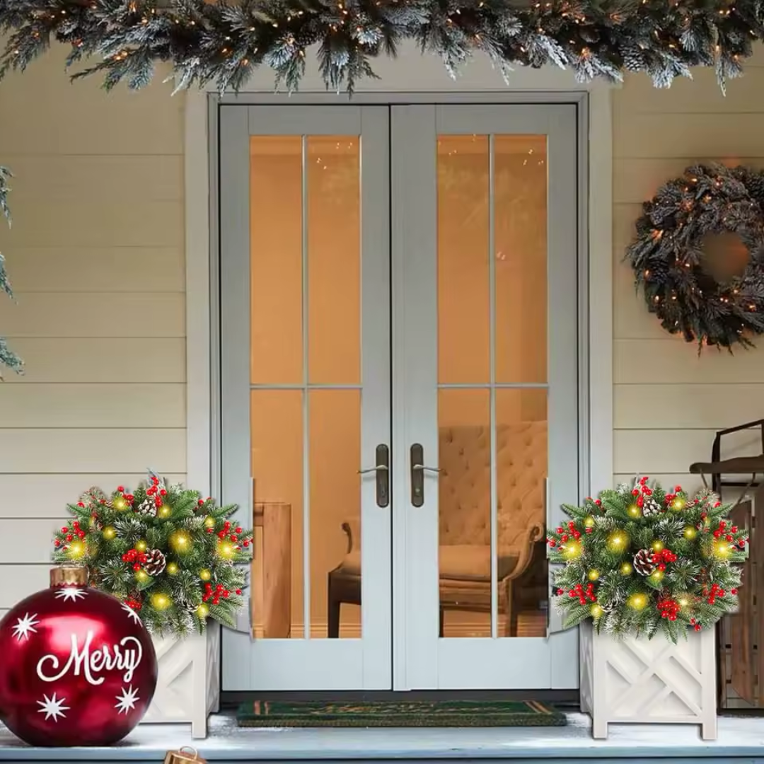 Verlichte Decoratiekrans met LED Batterij Kerstdecoratie Standaard Dennenappels Besjes Binnen Buiten | Sulvida