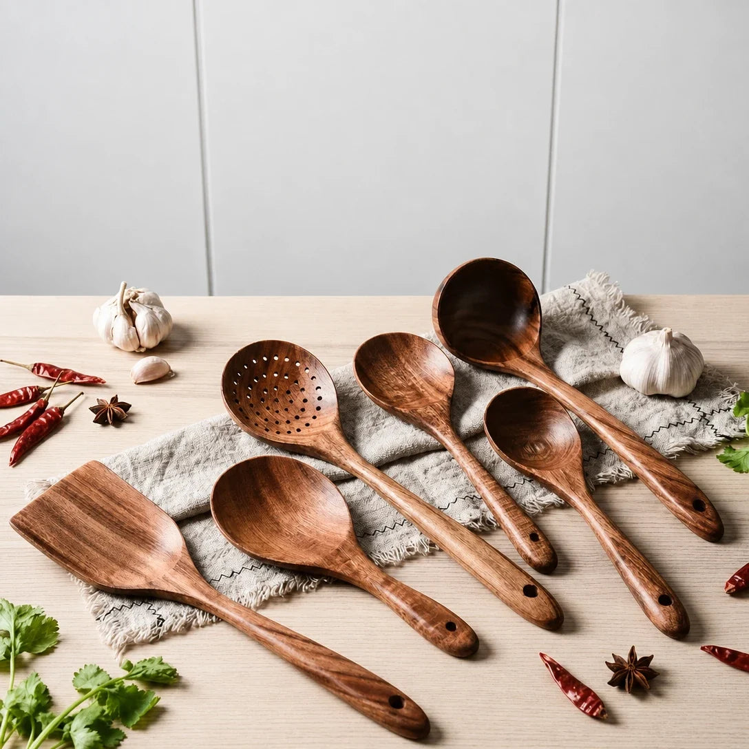 Teakhouten Keukengerei Set 7-delig Ecologisch Kookgereedschap Hittebestendig Antikleef Natuurlijk Hout | Sulvida