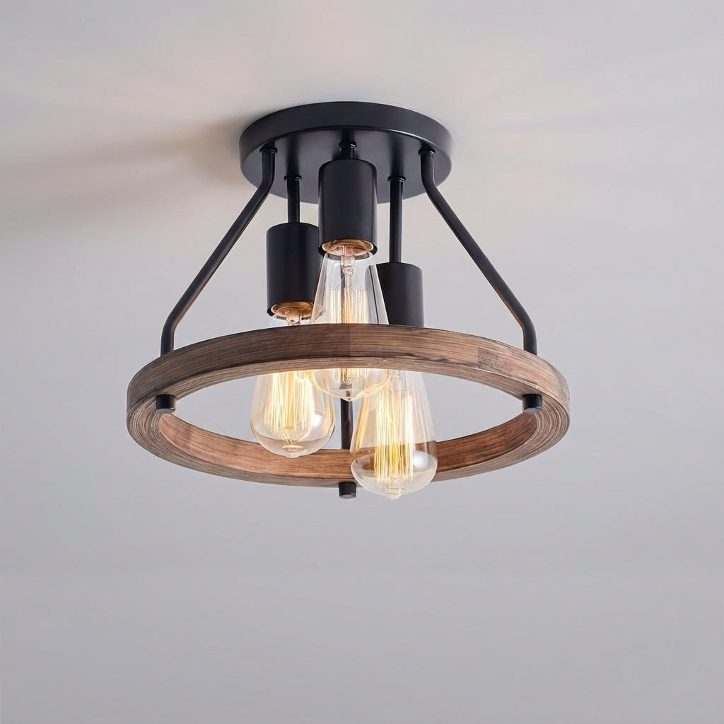 Plafonnier industriel en bois et métal, 3 points lumineux réglables, design rustique pour chambre, entrée et salon | Sulvida