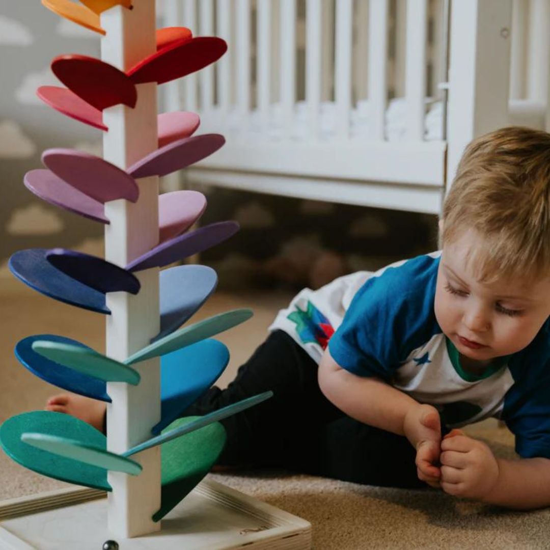 Houten Regenboog Knikkerbaan met Geluid 71cm – Educatief Montessori Speelgoed voor Kinderen met Kleur- en Geluidservaring | Sulvida