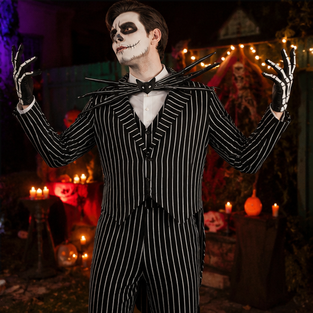 Skelet Cosplay Kostuum met Gestreept Pak en Masker voor Halloween Themafeesten en Carnaval Volwassenen | Sulvida