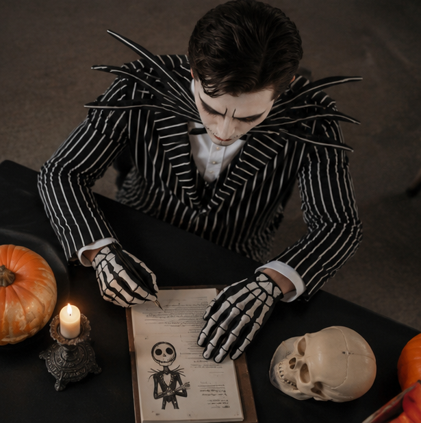 Skelet Cosplay Kostuum met Gestreept Pak en Masker voor Halloween Themafeesten en Carnaval Volwassenen | Sulvida