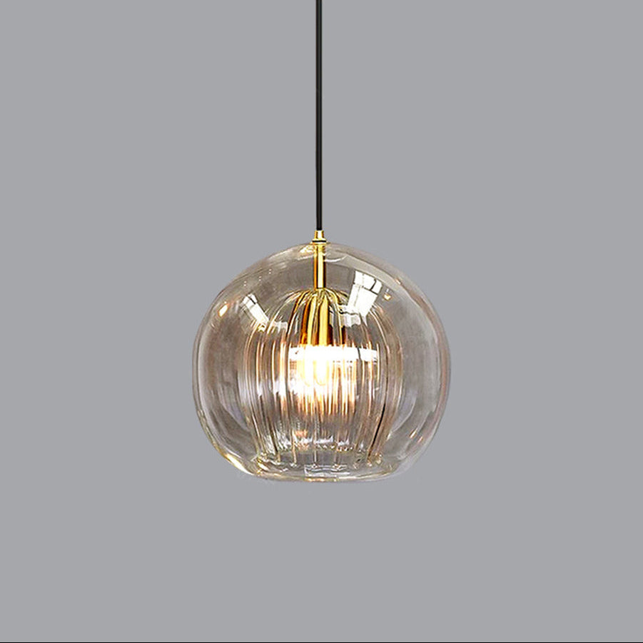Glazen Hanglamp Bol Modern Metaal Kap Transparant Amber Grijs Woonkamer Eetkamer Slaapkamer LED Verlichting | Sulvida