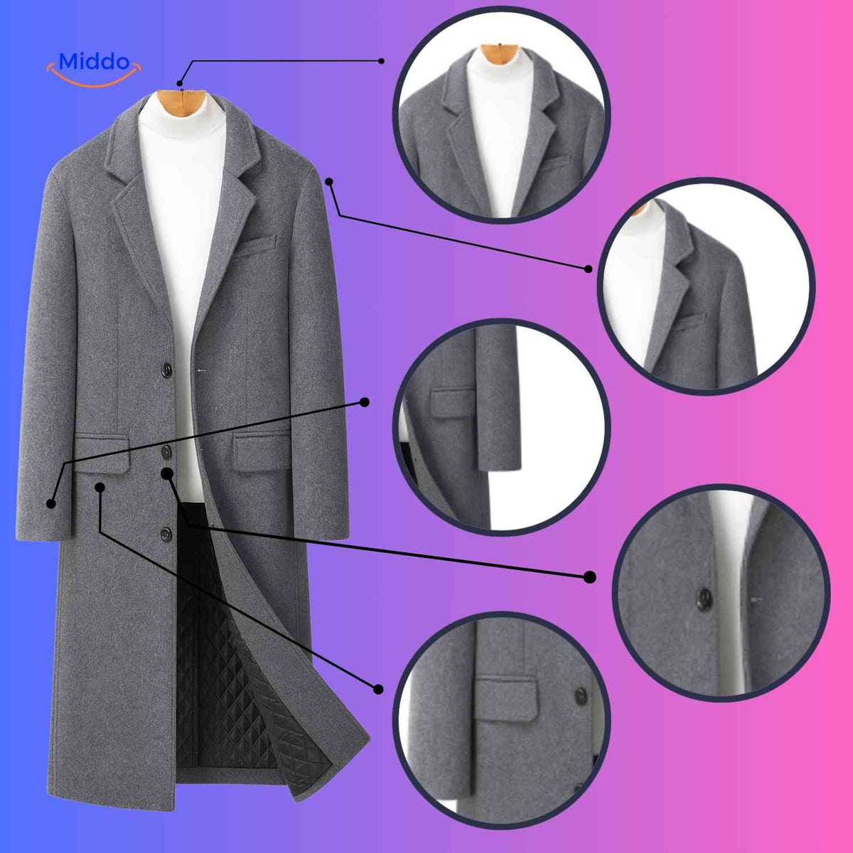Wollen herenwintermantel klassiek Britse stijl lange woljas staande kraag herenjas elegante winterkleding | Sulvida