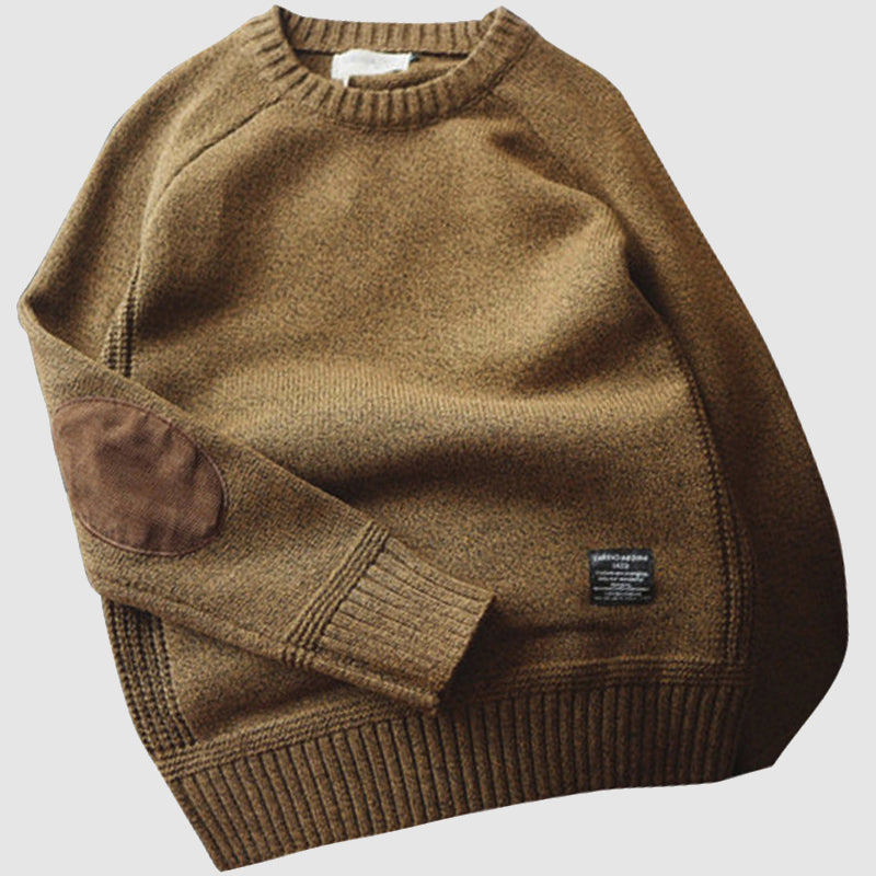 Pull pour homme gris chiné avec coudières | pull à col rond en mélange doux de cachemire avec poignets côtelés | Sulvida